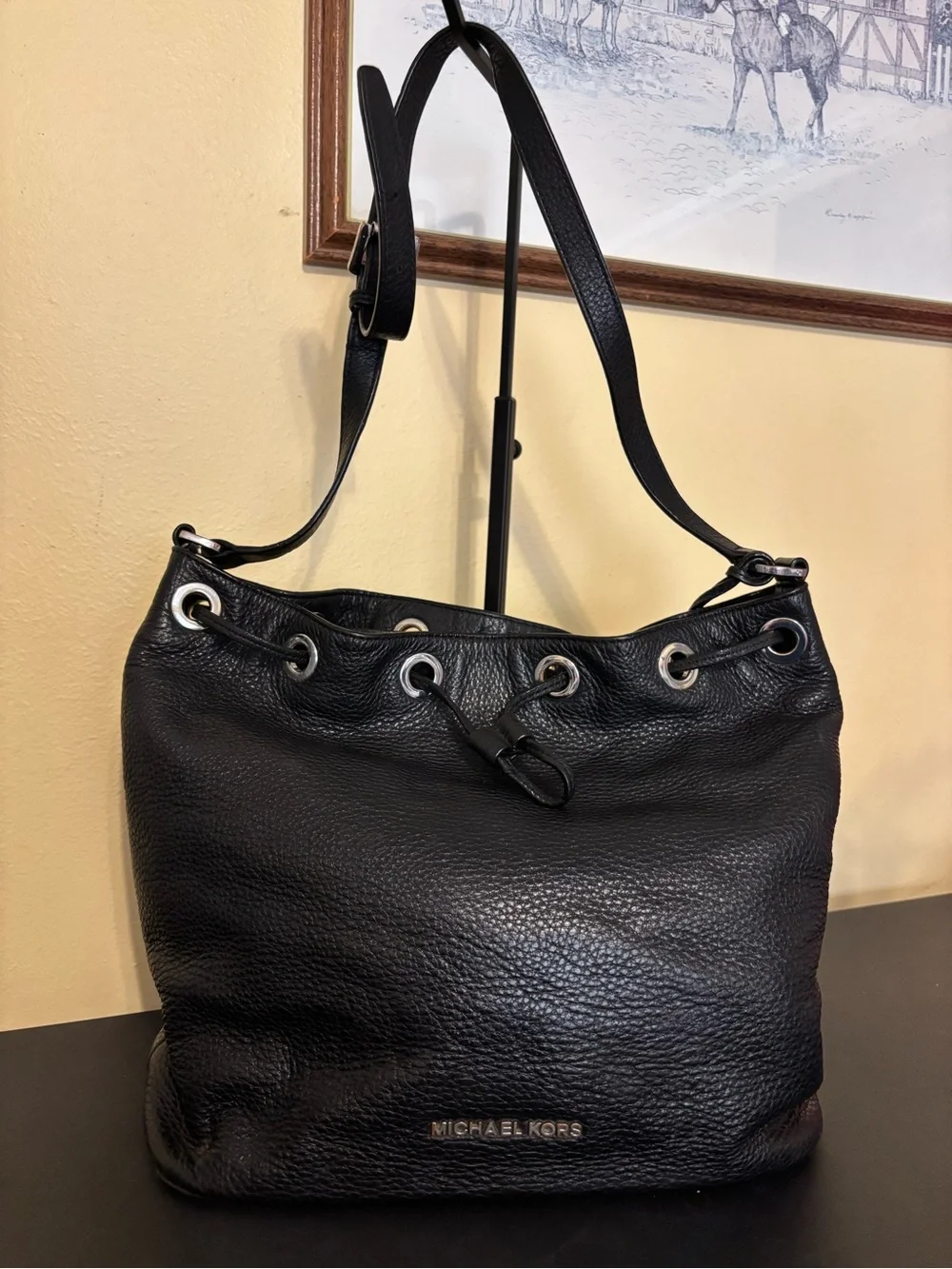 Michael Kors Black Pebbled Leather Drawstring Shoulder Bag
